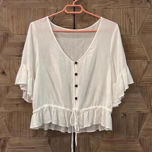 Patrons of Peace Women's White Flutter Sleeve Top, Size S, Cottage